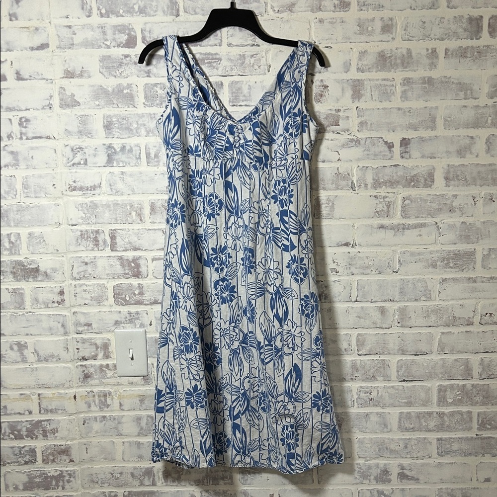 Tommy Hilfiger Linen Blend Floral Midi Dress Women’s 6 Blue White Y2K Sleeveless